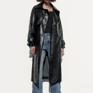 NWT Zara Belted Faux Leather Trench Coat Black Sz  L